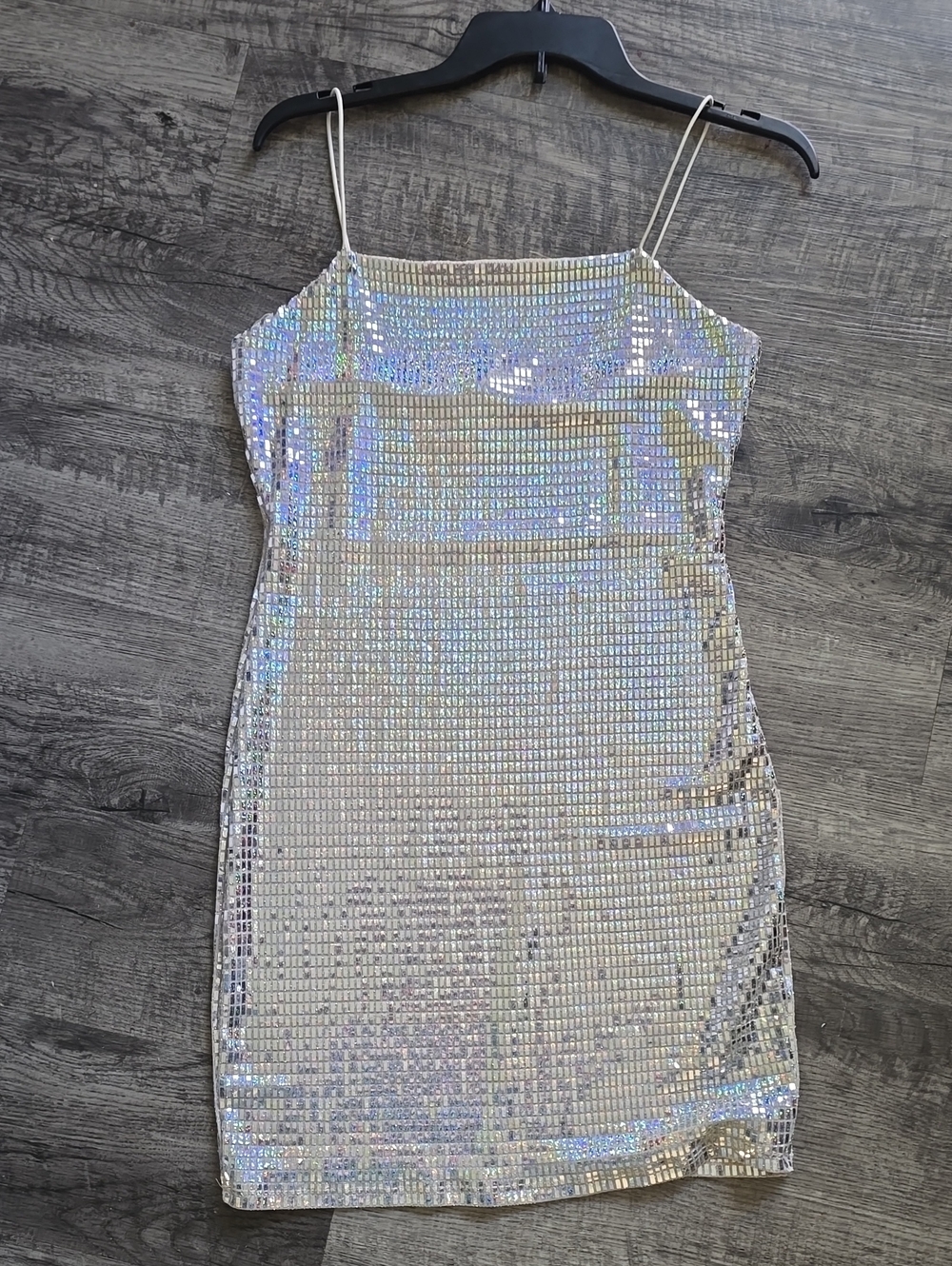 Holographic Silver Sequin Mini Dress with Spaghetti Straps